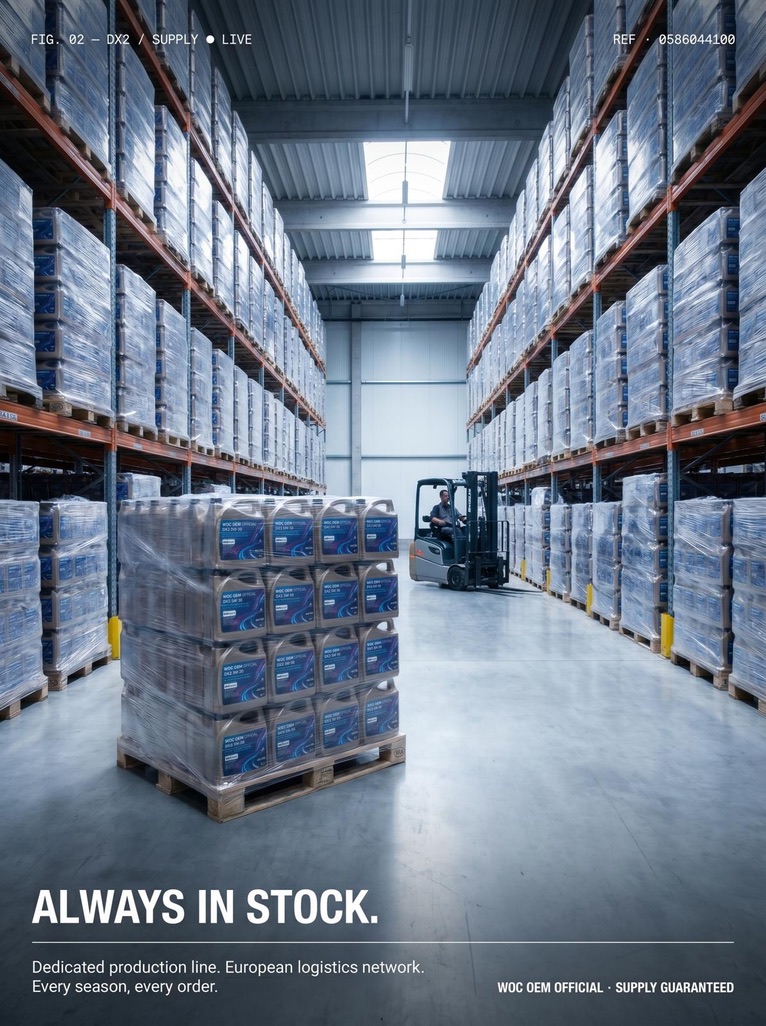 WOC OEM OFFICIAL DX2 — pallet of cases in European logistics warehouse, always in stock